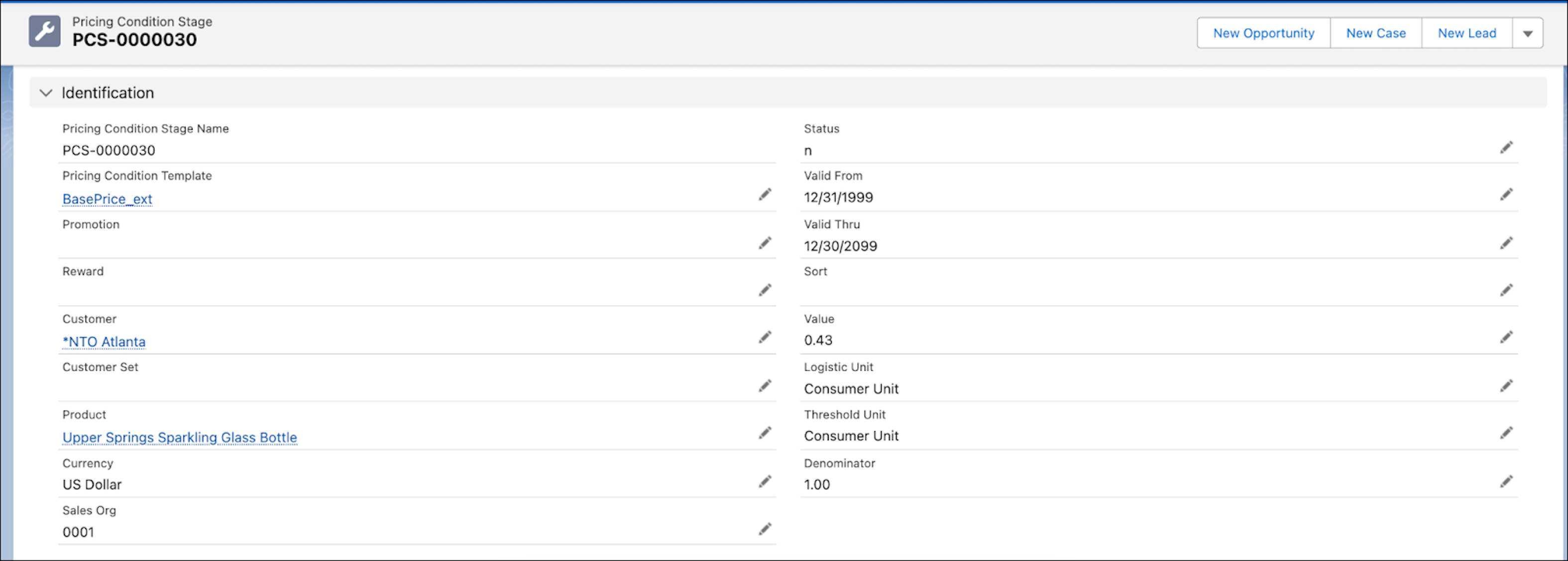 Record creation in pricing condition stage for customer and product