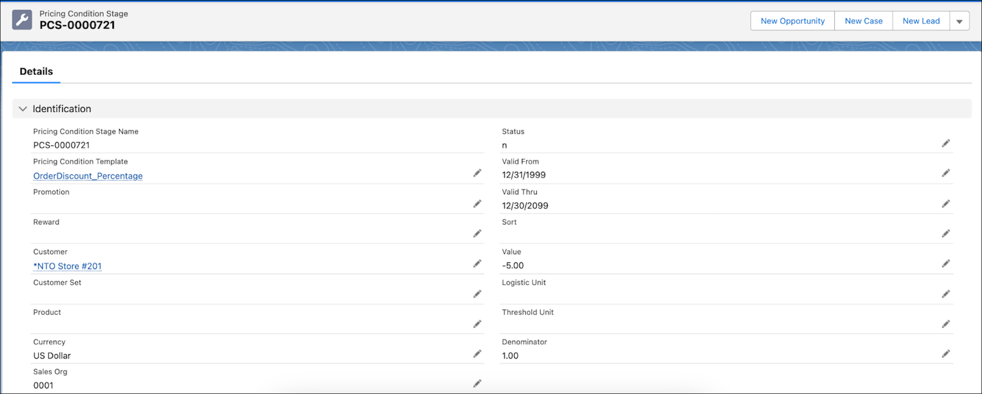 Record creation in pricing condition stage for customer