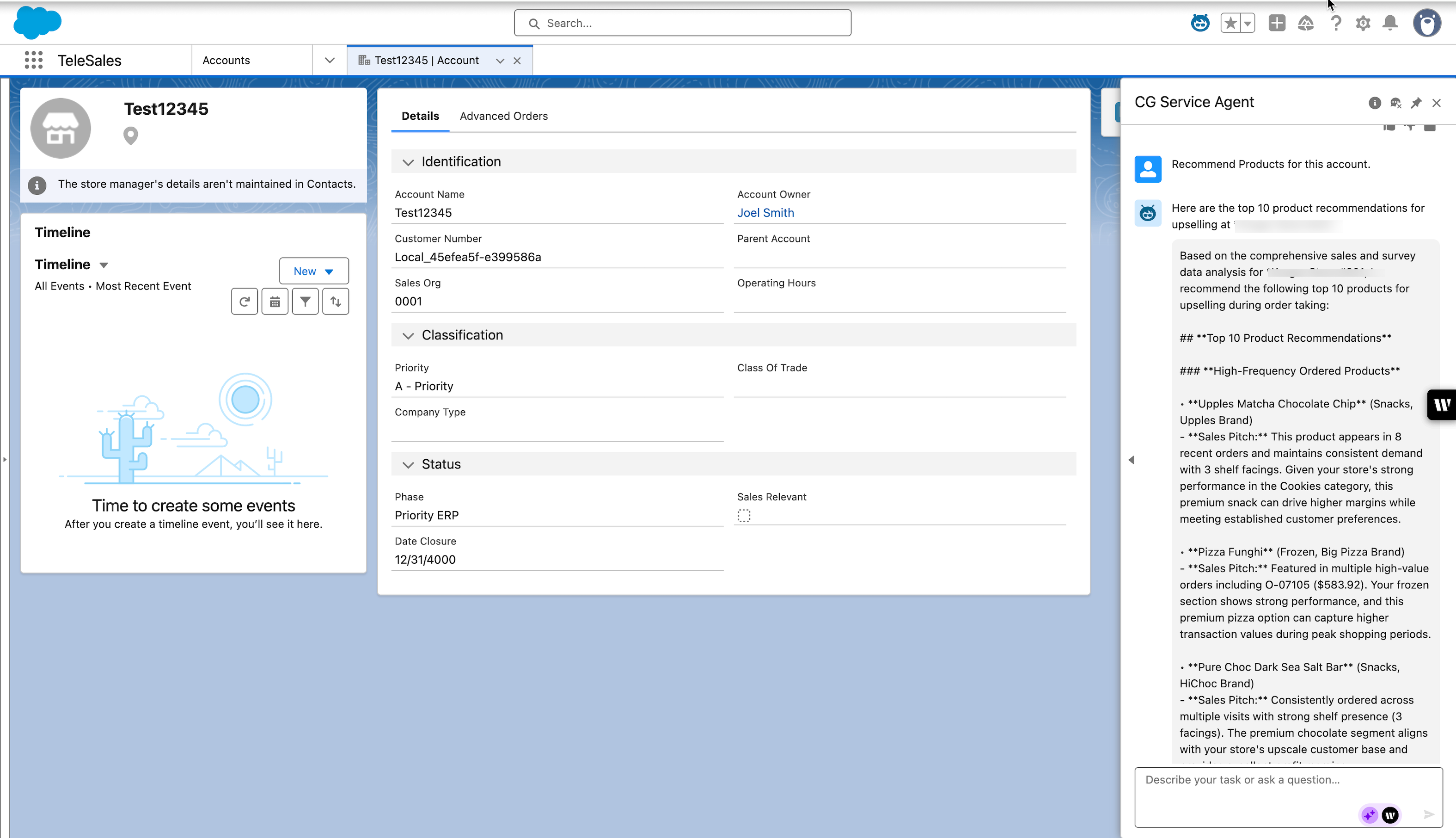 CG agent on telesales app for product recommendations