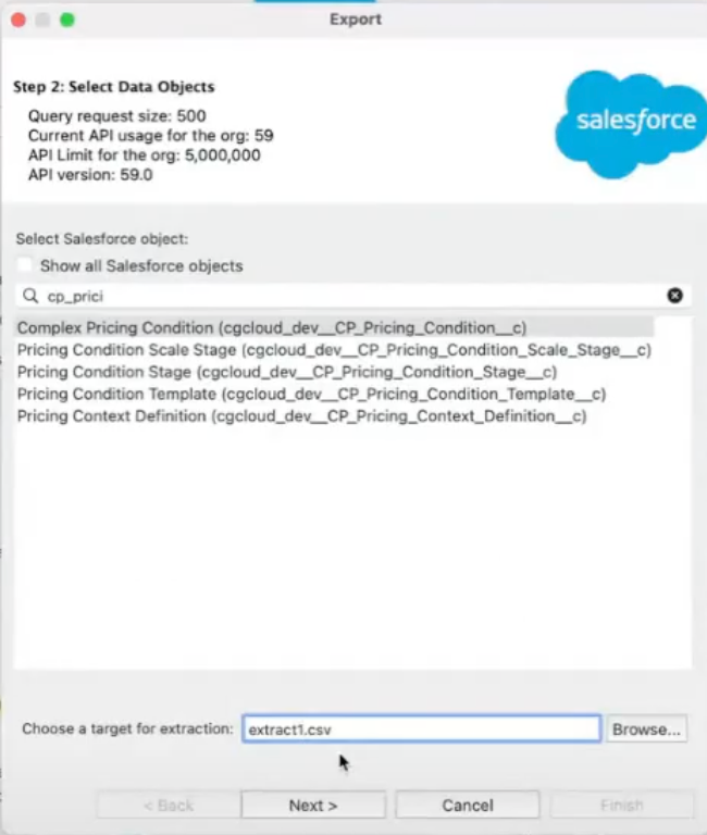 The Export window showing the different target file for extraction.
