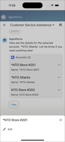 Vis og rediger handlinger på Agentforce i CG-mobilappen.