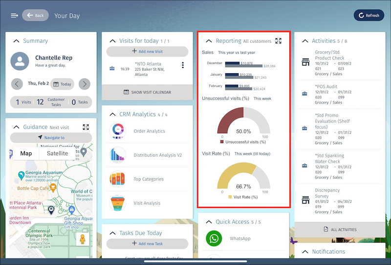 View your customer visit progress by going to the Reporting card on User Cockpit