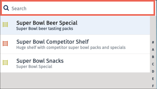 The offline mobile app screen image shows the search bar and the index letters on the display list page.