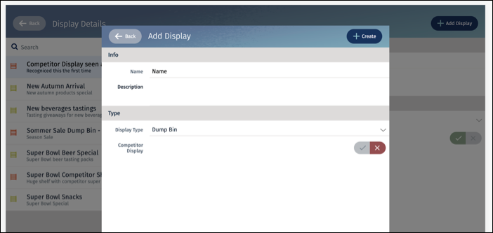 The offline mobile app screen image shows the Create button on the Add Display page.