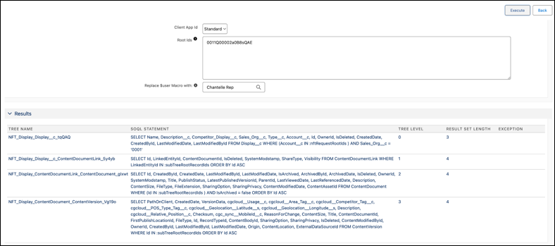 The output view after evaluating the named fetch tree for display records and respective attachments.