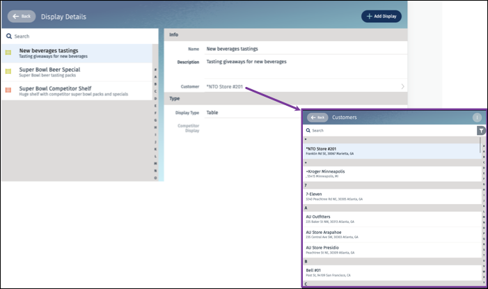 This image shows the customer look-up list for a display record.