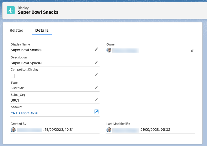 The details page of the Super Bowl Snacks display record and its account information.