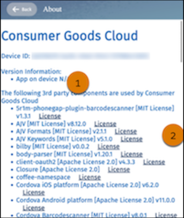 About component showing the version information for Consumer Goods Cloud