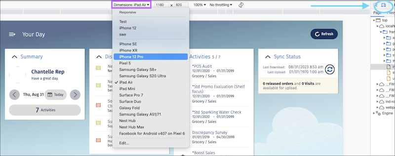 Shows the device options for simulator app in Chrome Debugger.