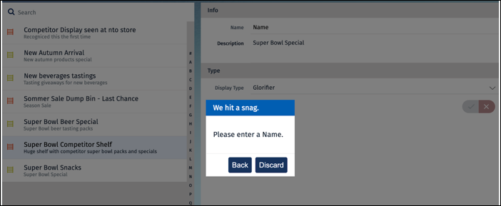 This offline mobile app screen capture shows the error message when the name field is empty on the master detail page of Displays.