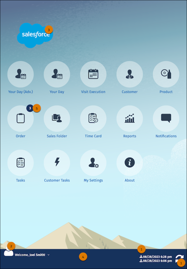 Dashboard with icons to navigate to Order, Customer, Product, Time Card, and other pages in the Consumer Goods Offline mobile app