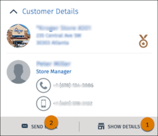 LinkBar component in a Customer Details card with Send Email and Show Details buttons