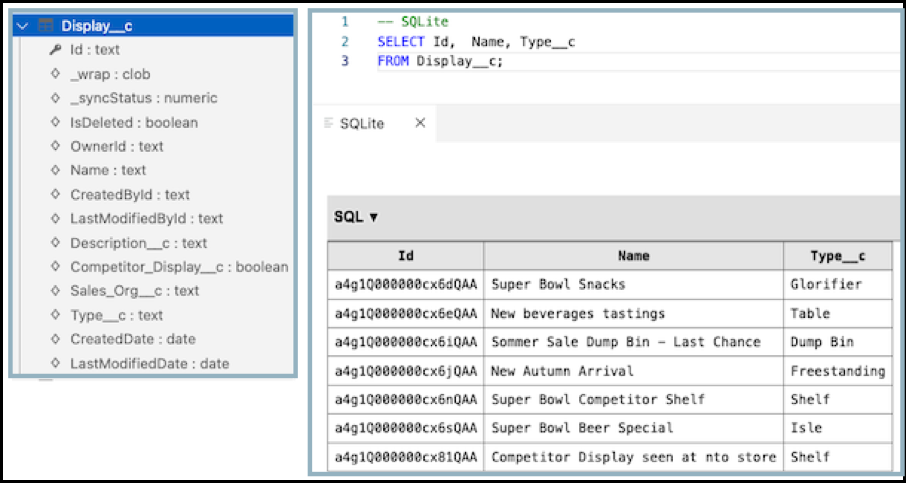 The SQL query result of the database tables shows the Type__c column.