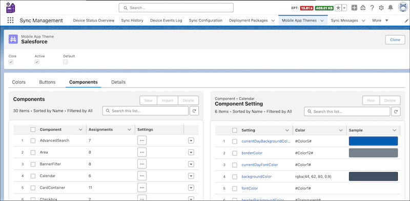 UI component settings for various UI components in the default Salesforce theme