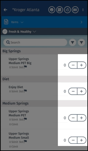 Stepper control on the CG mobile app to modify item quantity.