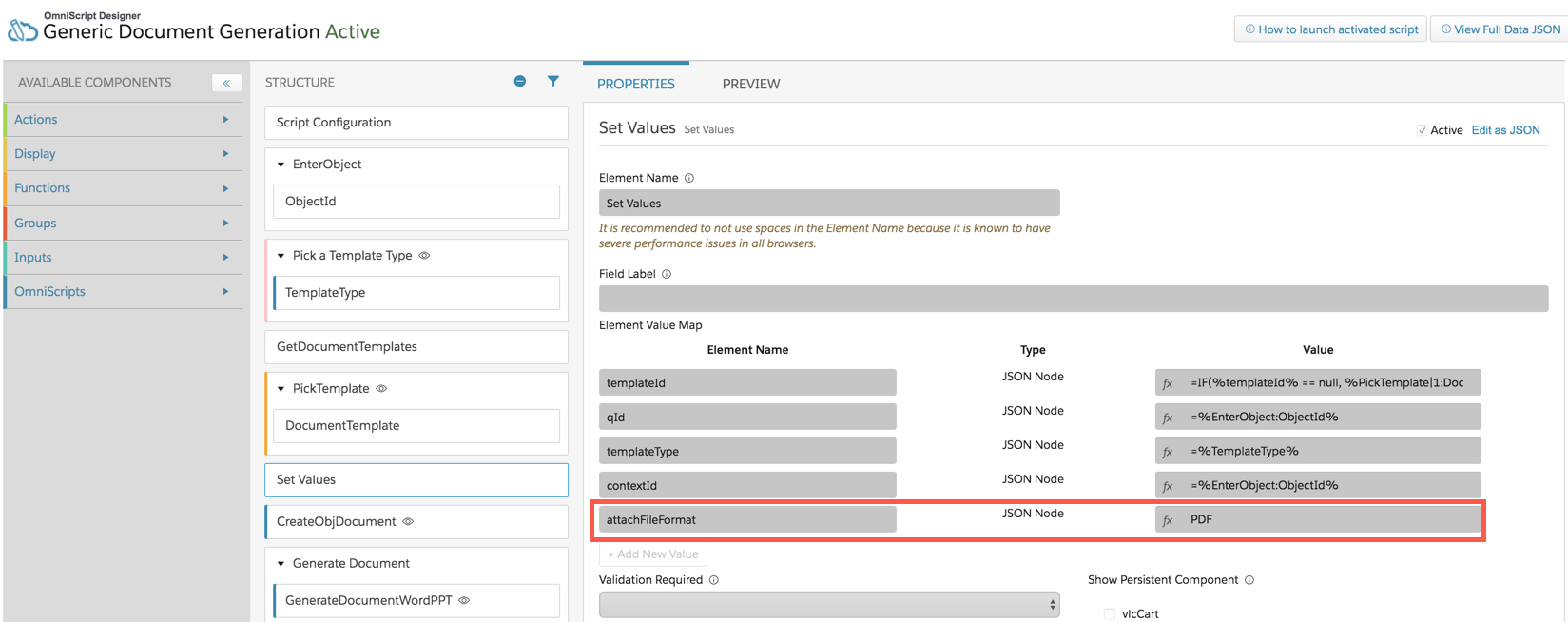 The attachFileFormat value in the Set Values step in the Omniscript Designer.