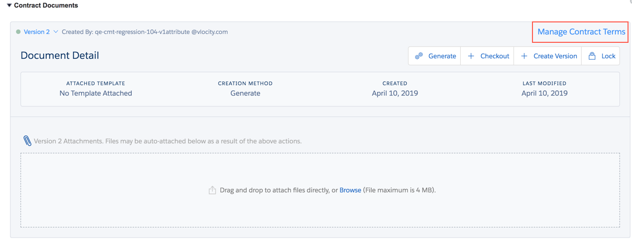 The Manage Contract Terms button in the Document Detail section.