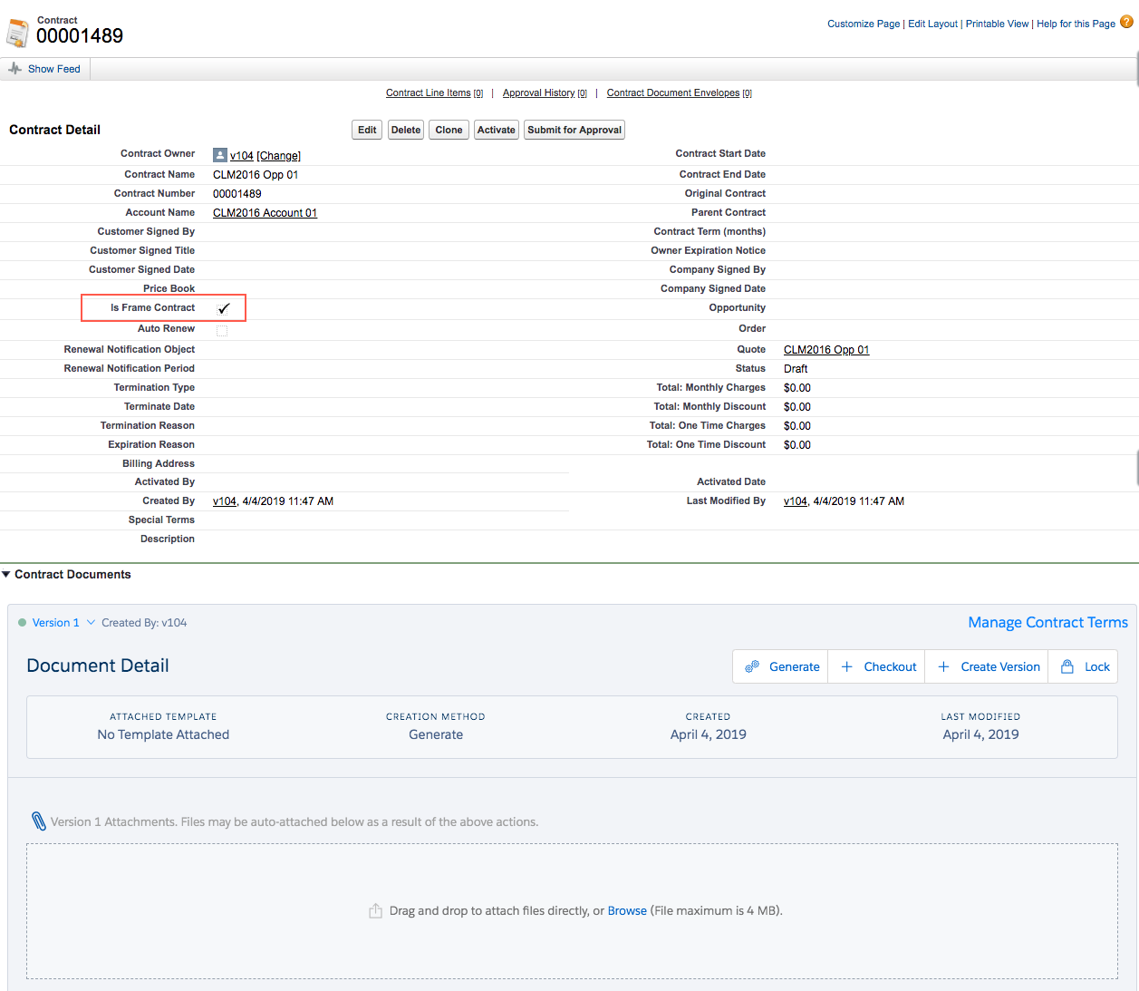 The Is Frame Contract checkbox on the Contract Detail page.