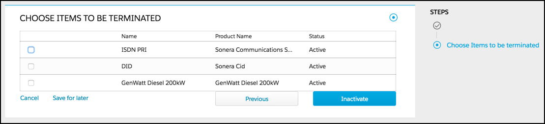 Choose items to be terminated screenshot