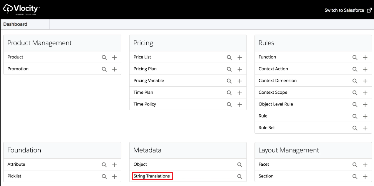 The Vlocity Product Console with String Translations highlighted.