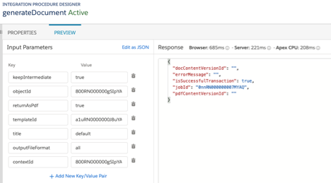 This image shows the Input Parameters that are passed to the method and the Output Parameters that are passed back to the DocumentServiceGateway_DocGeneration Integration Procedure.