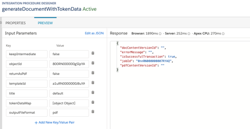 This image shows the Input Parameters that are passed to the method and the Output Parameters that are passed back to the DocumentServiceGateway_DocGenerationWithTokenData Integration Procedure.