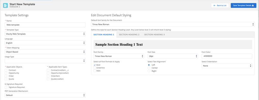 Start new template screen. Template settings on left hand column with the first field being the name of the template.