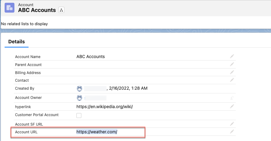 This image shows the custom Account URL field and the URL https://eather.com/ .