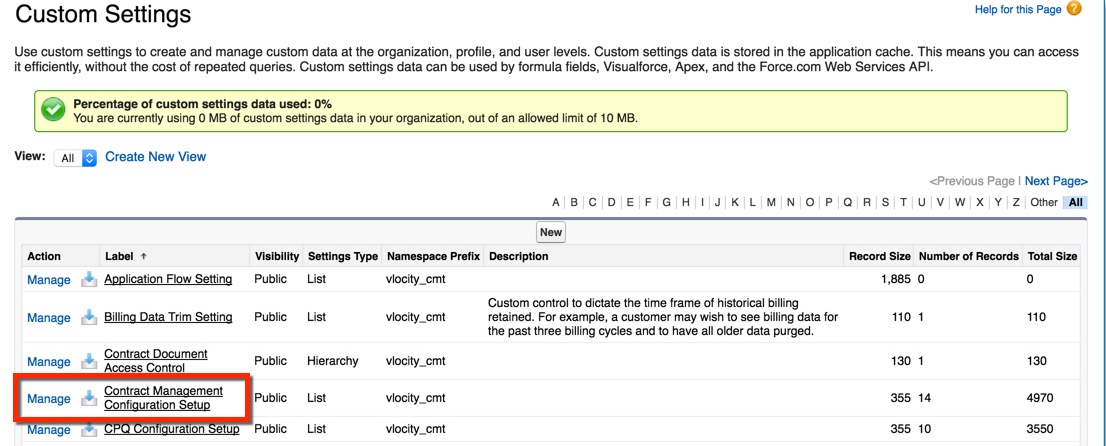 Contract Management Configuration Setup in Custom Settings.