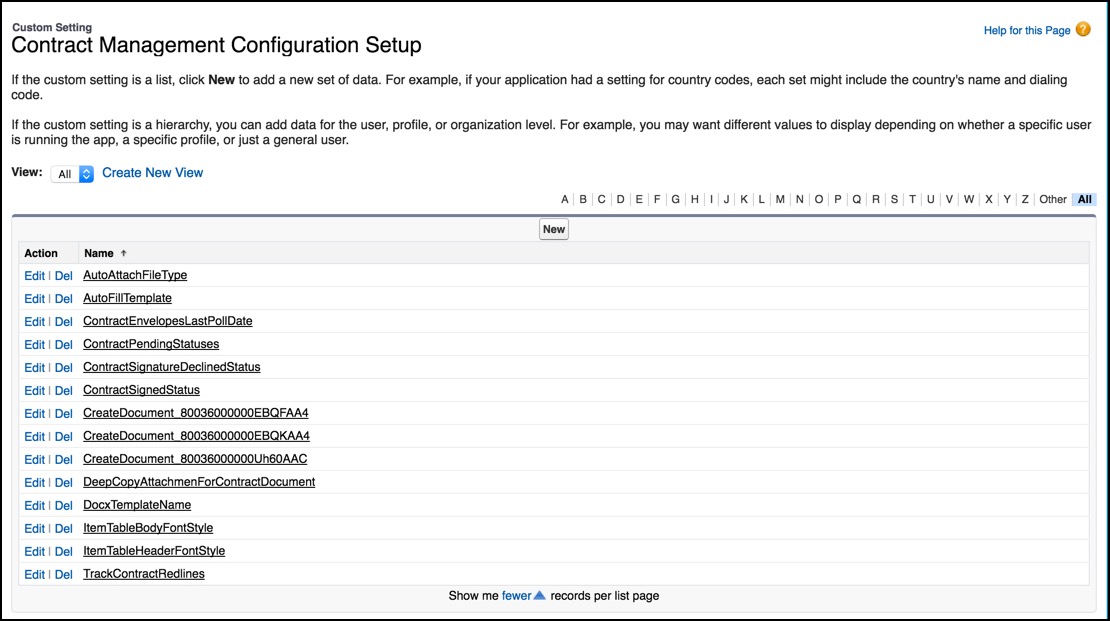 Settings on the Contract Management Configuration Setup page.