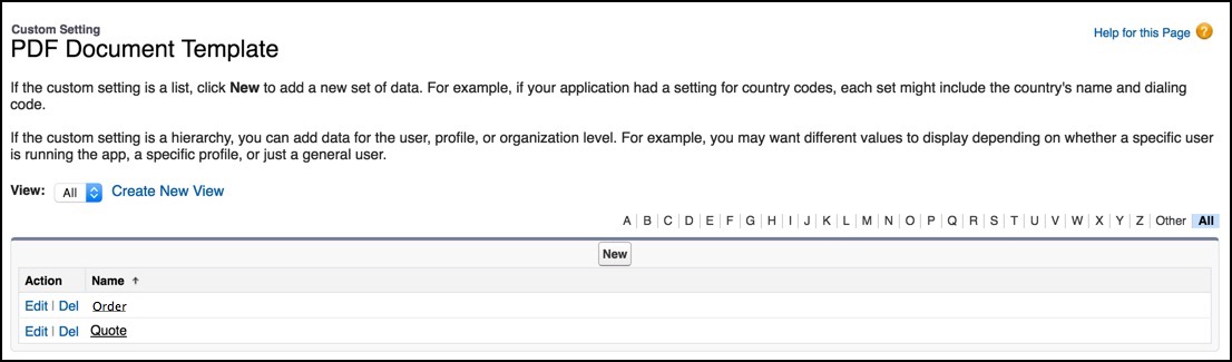 The PDF Document Template page lists Order and Quote settings.