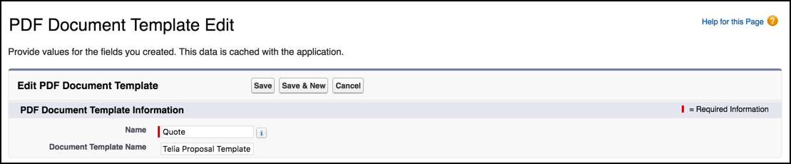 The PDF Document Template Edit page, with Quote and Document Template Name fields.