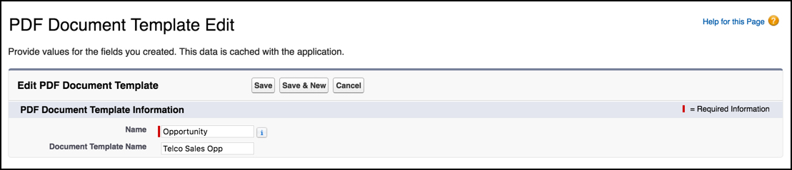 The PDF Document Template Edit page, with Opportunity and Document Template Name fields.