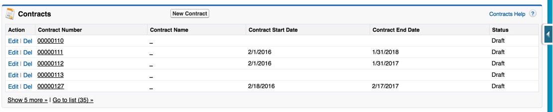 The Contracts Related List on the Accounts Record Detail Page has Contract Number, Contract Name, Contract Start Date, Contract End Date, and Status columns.