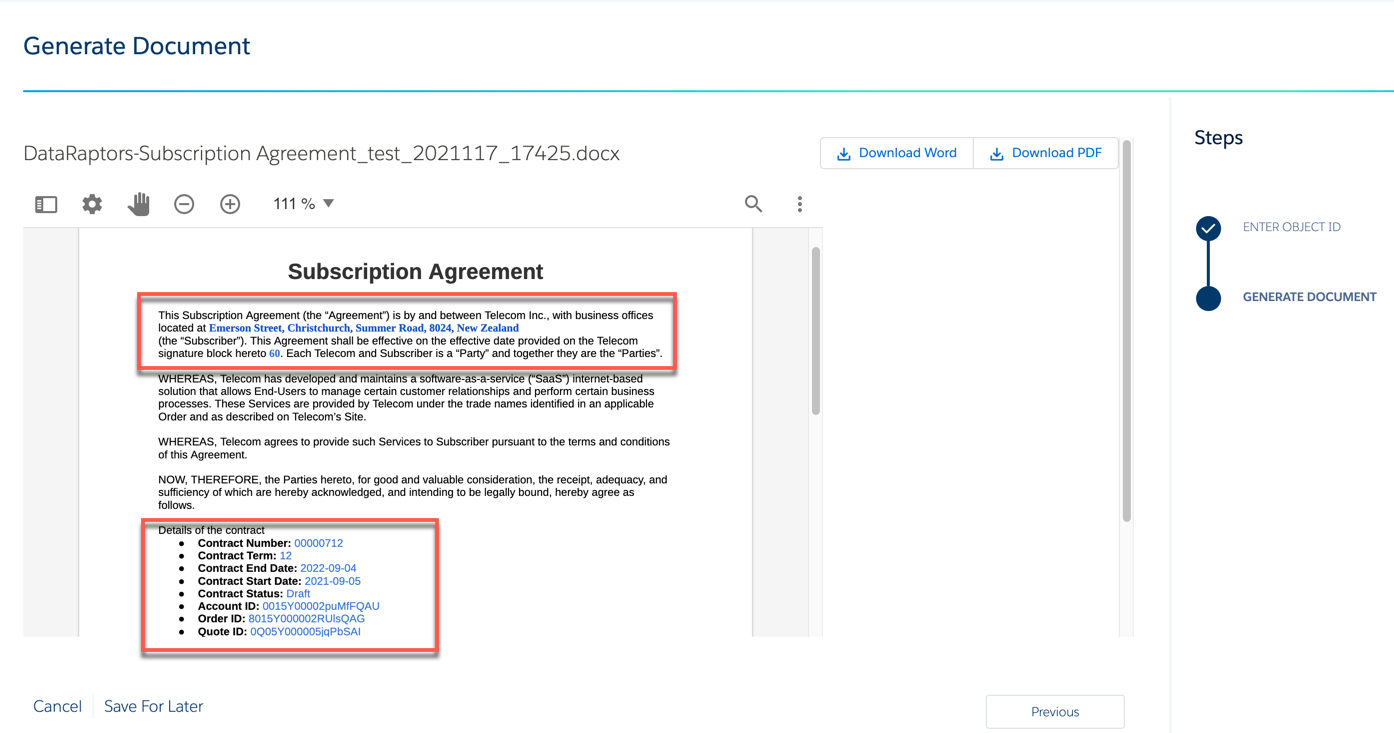 The document is generated and the tokens are replaced with the contract details.