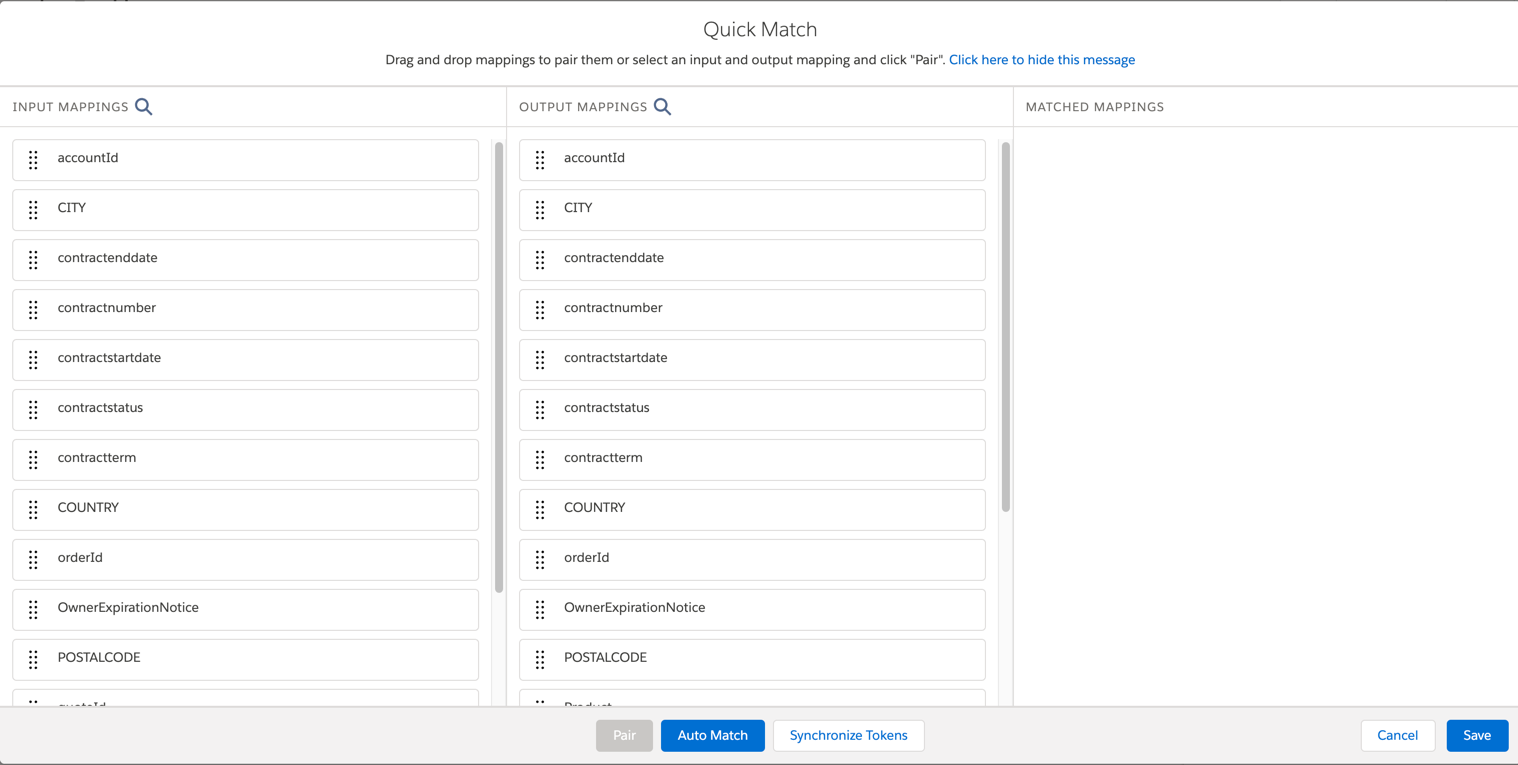 The quick match window, with the Input Mappings column and the Output Mappings column.