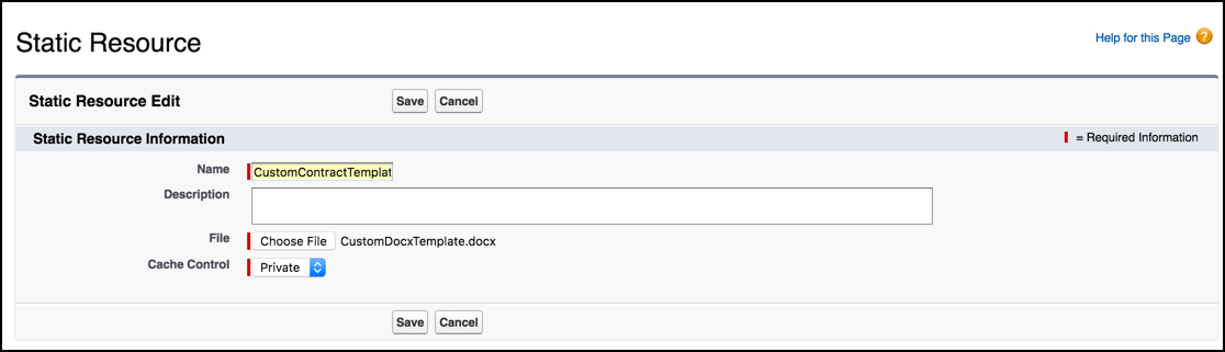 The Static Resource Edit page, with a Name of CustomContractTemplate and a File of CustomDocxTemplate.docx.