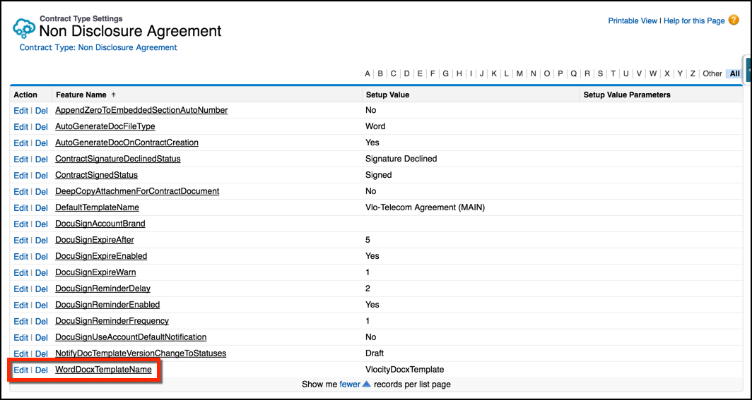 The WordDocxTemplateName setting on the Contract Type: Non Disclosure Agreement page.