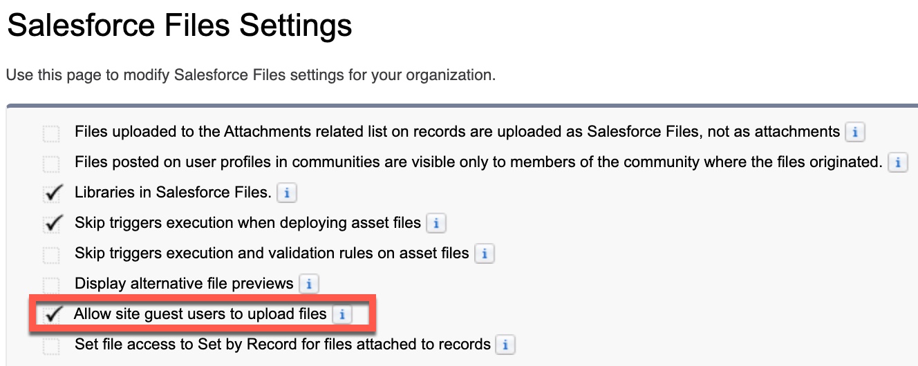 The 'Allow site guest users to upload files' setting under Salesforce Files Settings.