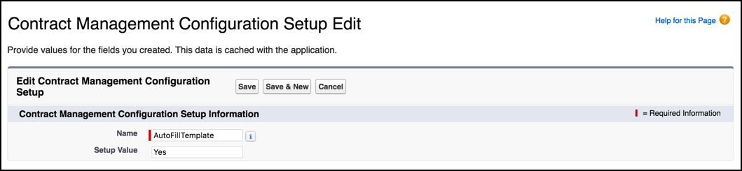 The Contract Management Configuration Setup page for the AutoFillTemplate setting.