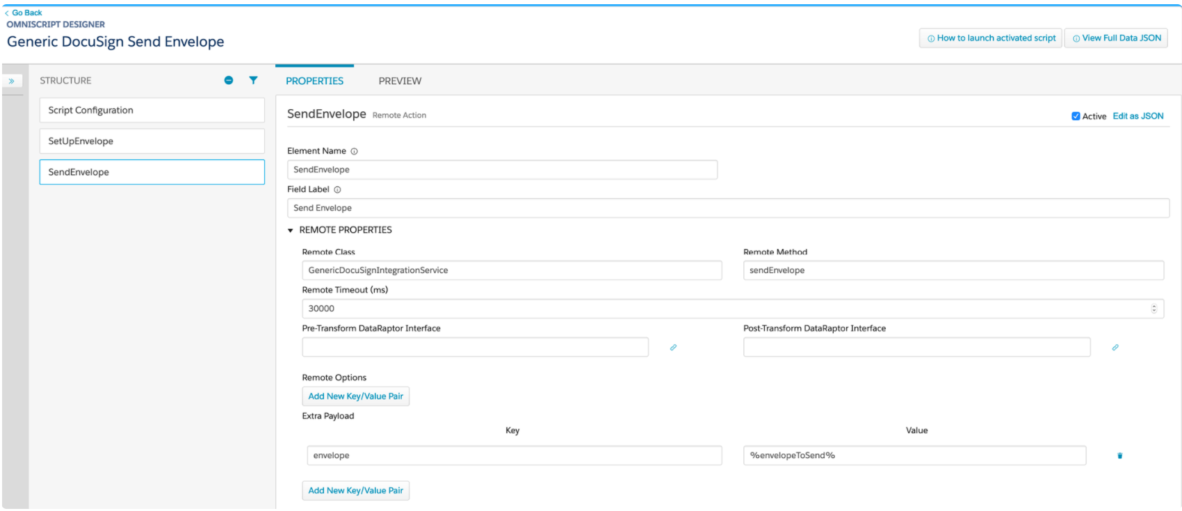 The Generic DocuSign Send Envelope Omniscript in the Omniscript Designer.