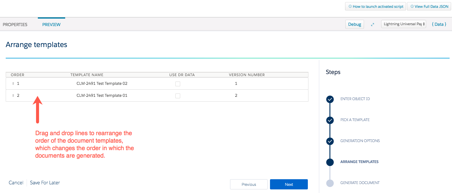 Illustrates the Arrange templates Omniscript step.