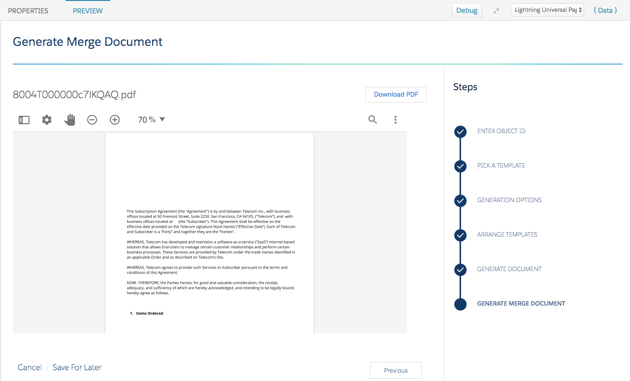 Illustrates the Generate Merge Document Omniscript step.