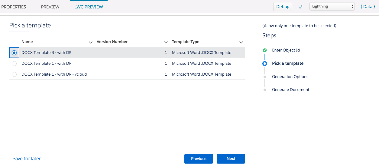 Illustrates the Pick a template Omniscript step.