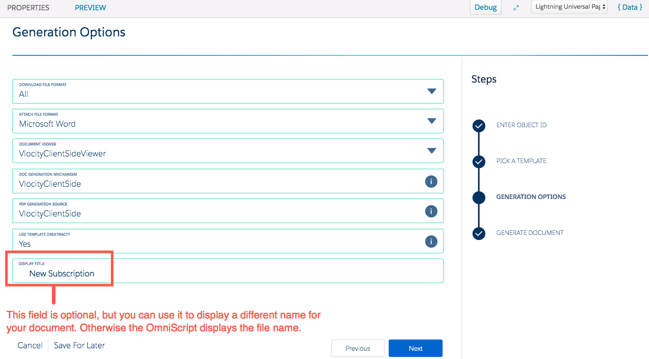 Illustrates the EGeneration Options Omniscript step.