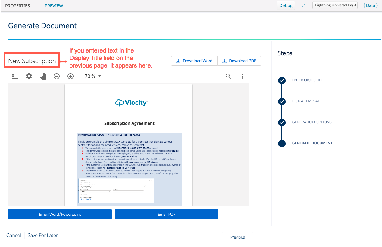 Illustrates the Generate Document Omniscript step.
