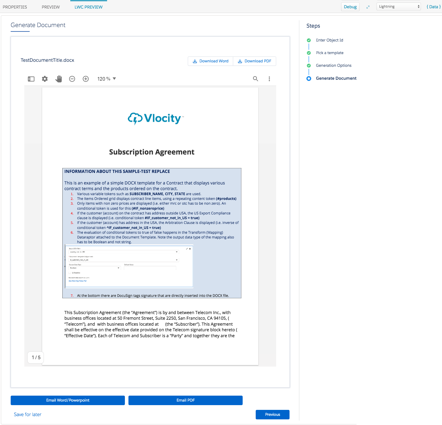 Illustrates the Generate Document Omniscript step.