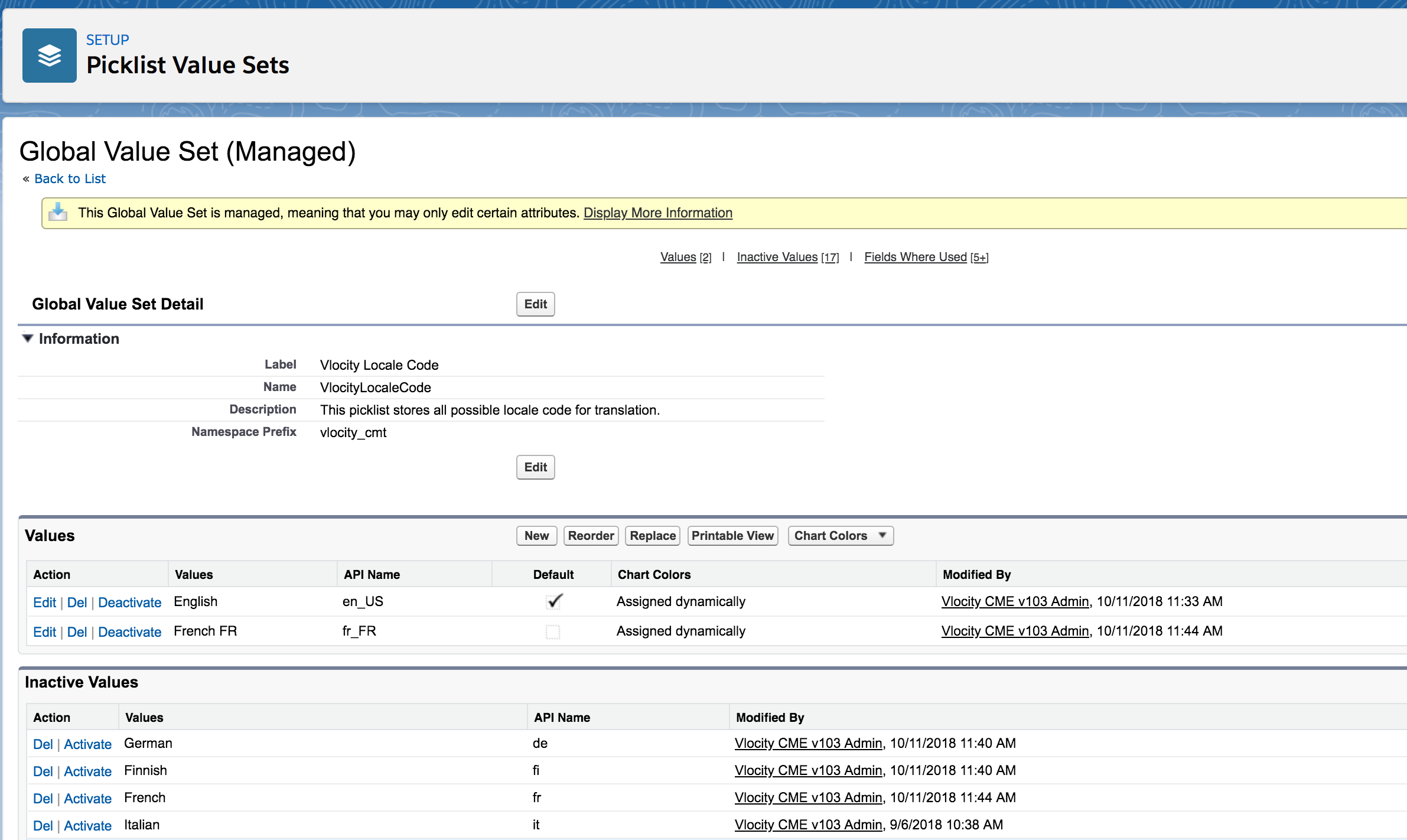 The Global Value Set (Managed) page.