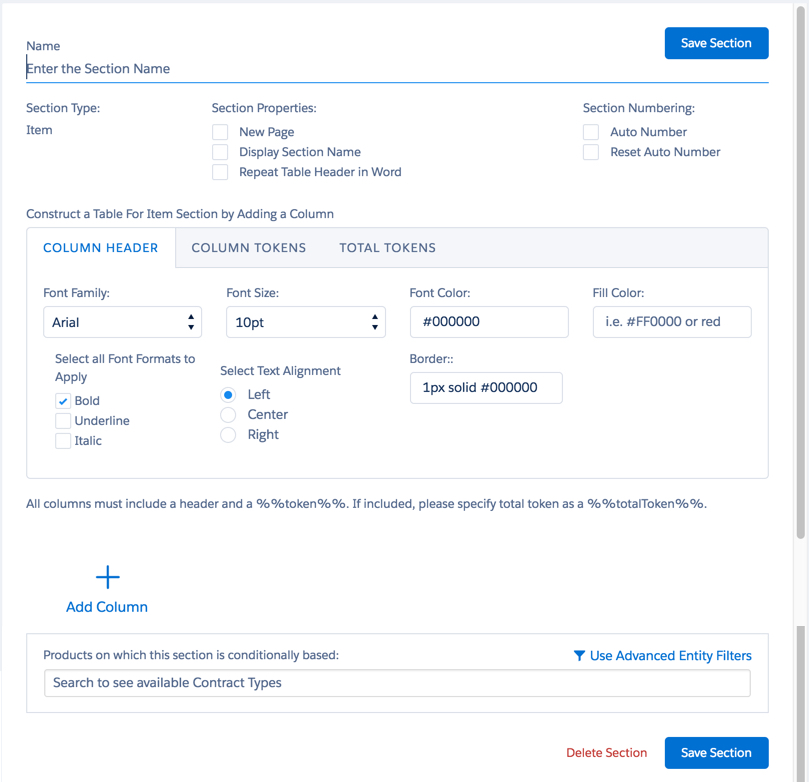 In the second page of Document Template Designer. Enter section name at top. Save section buttons at top and bottom on the far right.