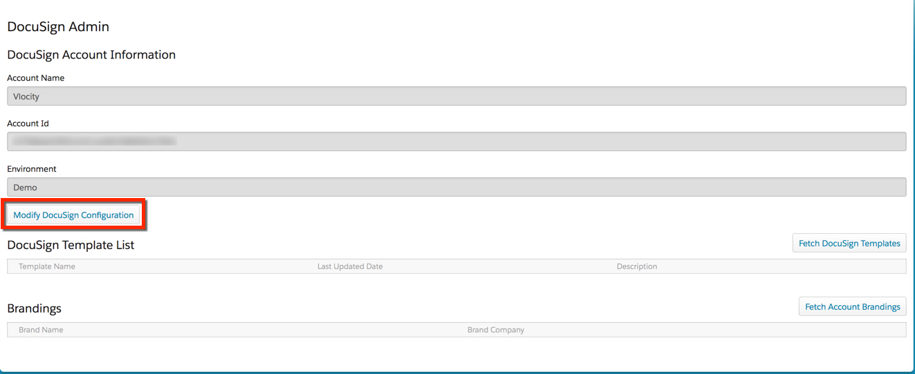 The Modify DocuSign Configuration button on the Omnistudio DocuSign Setup tab.